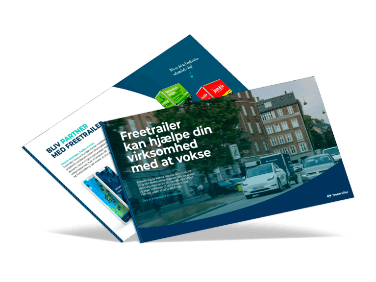 Freetrailer brochure med overskriften “Freetrailer kan hjælpe din virksomhed med at vokse” og side med teksten “Bliv partner med Freetrailer” – visuelt materiale målrettet nye partnere.