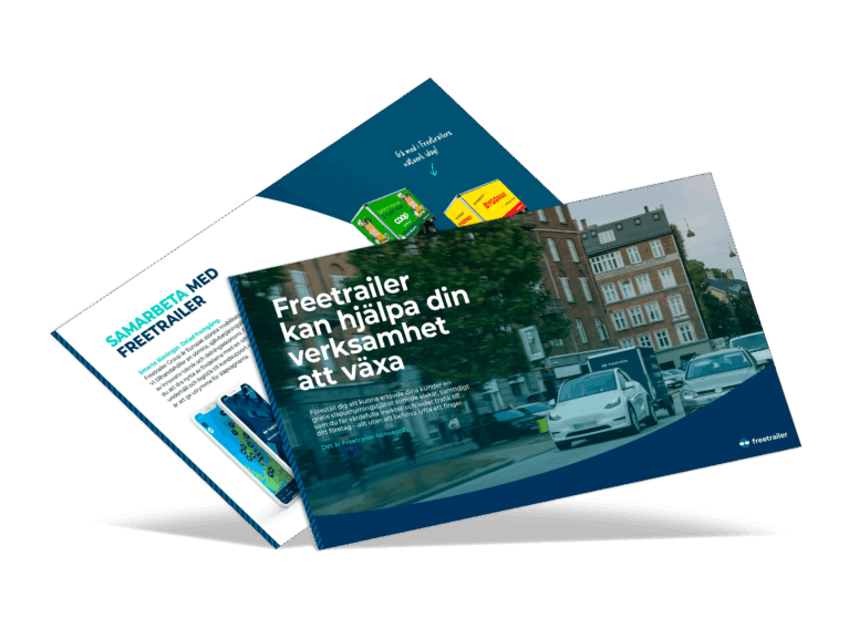 Två sidor från en Freetrailer-partnerbroschyr med rubrikerna ”Freetrailer kan hjälpa din verksamhet att växa” och ”Samarbeta med Freetrailer”, inklusive bilder på släpvagnar i stadsmiljö och partnerskapserbjudanden.